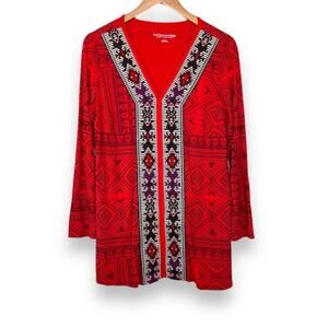 Soft Surroundings Kalahari red embroidered V neck long sleeve tunic top boho M